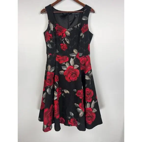 White House Black Market Black Red Rose Fit & Flare Floral Coktail Dress 10 - Picture 2 of 11
